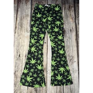 Bear Dance Flare Pants Womens Large Black Marijuana Leaf Plant Cozy